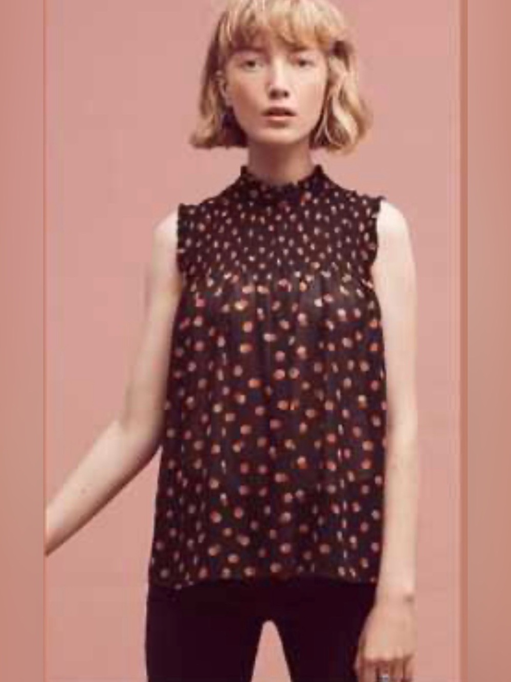 Maeve Sleeveless Navy Polka Dot Blouse with Orange Dots size 2